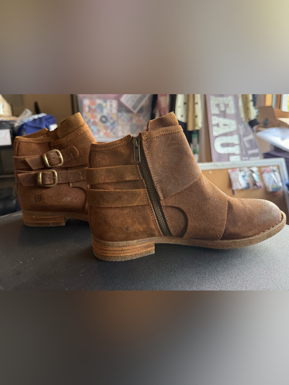 Born Brown Suede Ankle Booties with Side Zip & Buckle; new